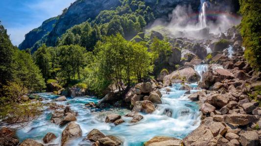树、水、瑞士、瀑布、岩石、自然、彩虹、摄影壁纸