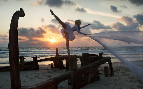 芭蕾舞女演员，海滩，面纱，女孩，日落，海壁纸
