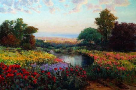 图片风景油画艺术埃里克·沃利斯草甸湖花树天空1080p壁纸