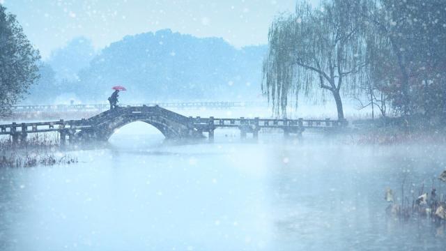 杭州西湖雪花纷飞美景