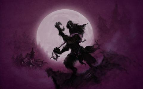 狼人狼紫色素描月亮高清壁纸