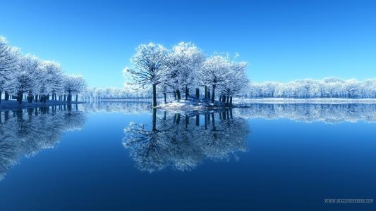 地球反射桌面自然观冬季湖白森林水高清壁纸