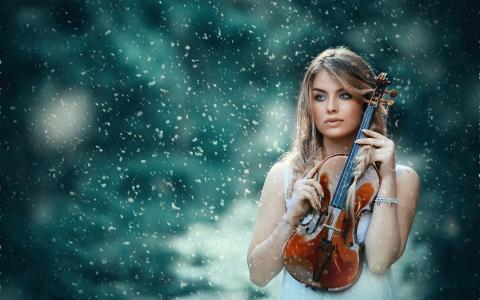 女孩，小提琴，雪，冬季壁纸