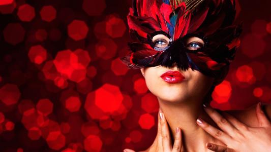 化妆舞会，面具，羽毛，化妆女郎，红唇壁纸