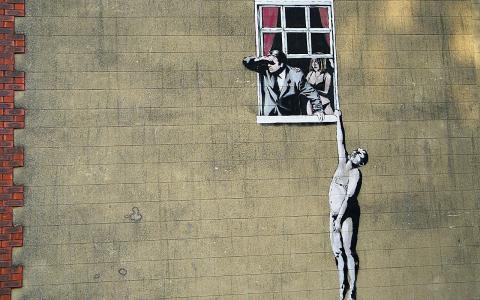 Banksy涂鸦窗口墙壁高清壁纸