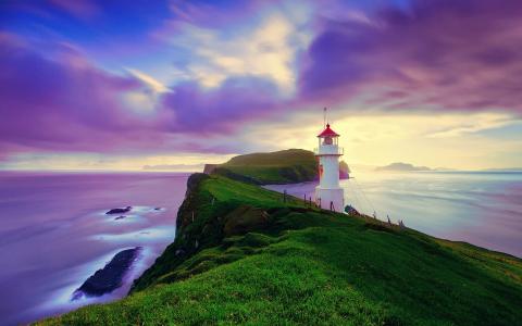 冰岛，法罗群岛，灯塔，夏天，紫色的天空，海岸壁纸