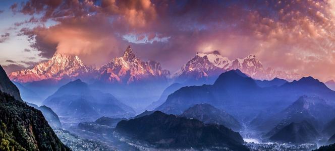 自然，景观，喜马拉雅山，山，日落，云，雾，谷，尼泊尔，村庄壁纸