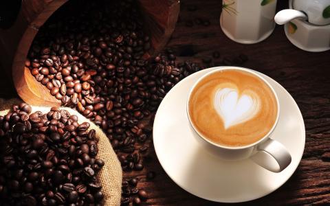 咖啡，卡布奇诺，心，爱，杯，咖啡豆壁纸