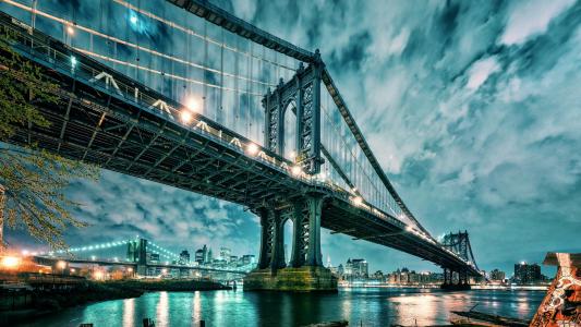 曼哈顿，曼哈顿桥，建筑，纽约，城市，夜，灯，水，城市景观壁纸