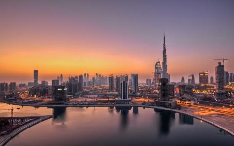 阿联酋，迪拜，灯，黎明，城市建筑壁纸