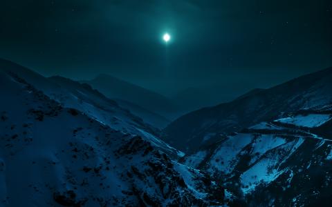山月光明星雪景观夜晚高清壁纸