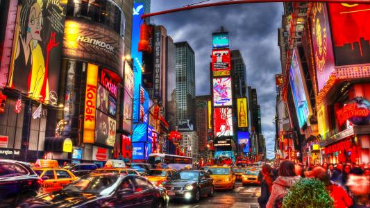 纽约，时代广场，夜晚，摩天大楼，商店，灯光，汽车，人物壁纸