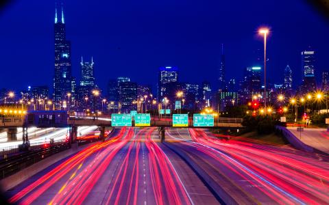 芝加哥建筑摩天大楼高速公路高速公路光夜间隔高清壁纸