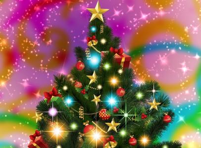圣诞树，花环，星星，光辉，假日壁纸