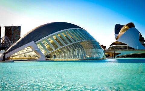 西班牙，瓦伦西亚，艺术与科学城，建筑，河流，蓝色的水壁纸
