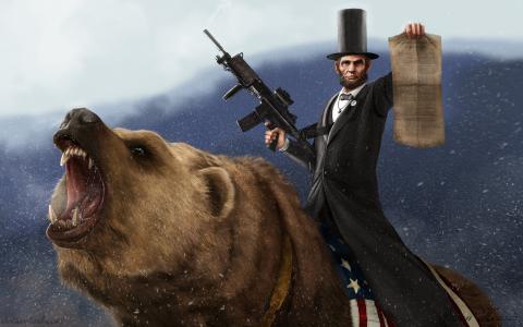 亚伯拉罕·林肯骑灰熊壁纸