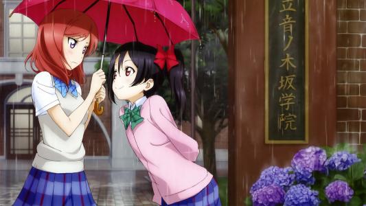 Hatsune Miku，在雨中两女孩壁纸