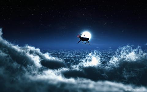 圣诞老人驯鹿上云壁纸