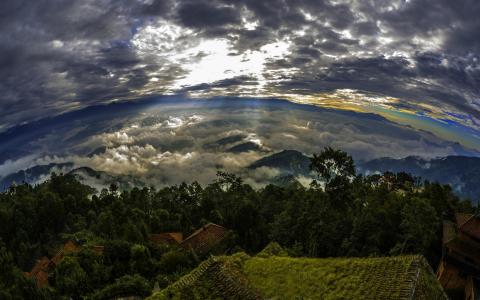 自然，景观，尼泊尔，日出，树木，云，山，屋顶，全景壁纸