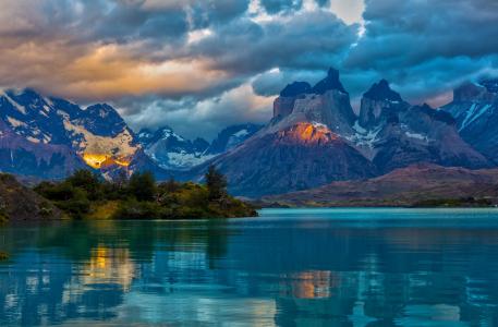 景观，阿根廷，山，湖，巴塔哥尼亚，云，自然风光