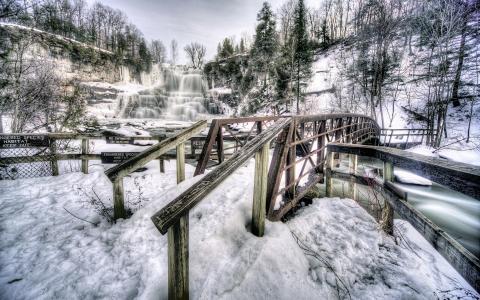 奇特南戈瀑布州立公园，纽约，美国，瀑布，冬天，雪，桥梁壁纸