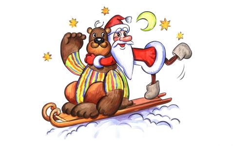 熊，圣诞老人，贺卡，明星，月亮，雪橇，假日壁纸