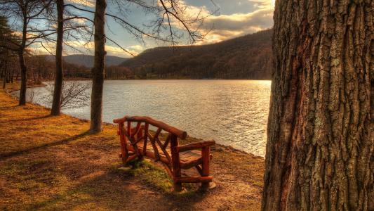 湖边，板凳，湖，性质，摄影壁纸