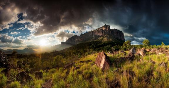 自然，景观，山，草，委内瑞拉，阳光，岩石，场壁纸
