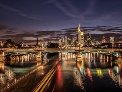 法兰克福，德国，河流，照明，桥梁，摩天大楼，夜壁纸