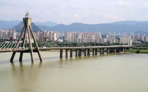 奥运大桥，汉江，城市，房屋，首尔，韩国壁纸