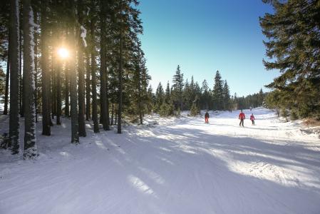 在明亮的天空下滑雪坡阳光明媚滑雪