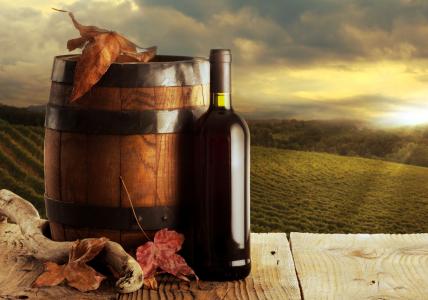 红色，瓶，桶，酒，背景，秋天，叶子