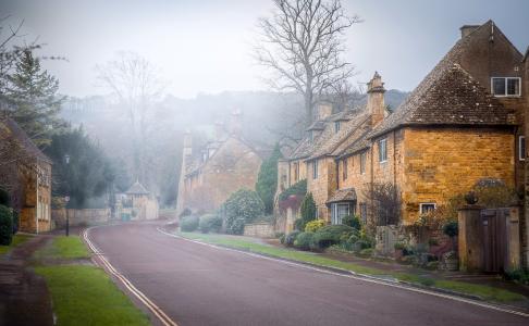 早上，雾，村，街，秋，英格兰