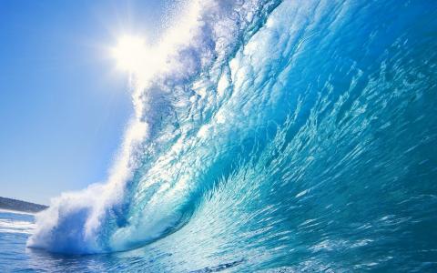波浪，蓝色的水，泡沫，阳光