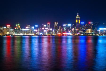 海，夜，中国，灯，维多利亚港，香港