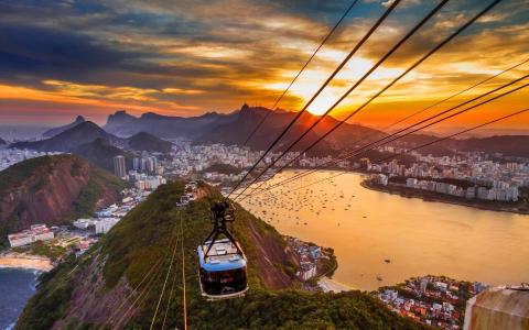 里约热内卢，城市，日落，缆车，海洋，山，湾，游艇