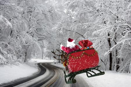 冬天，树木，高速公路，雪，圣诞老人，鹿，礼物