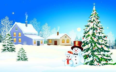 雪人，雪人，圣诞树，打扮，家，雪，树木，天空，新的一年