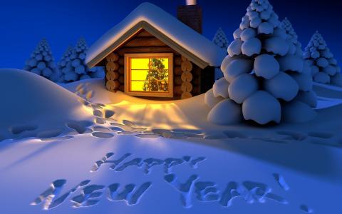 雪，题词，房子，光，树，痕迹，新的一年