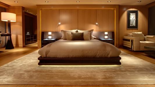 房间，床，枕头，灯光，扶手椅，地毯，基座，精美
