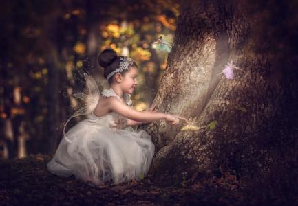 孩子，女孩，着装，服装，翅膀，童话，童话，童话故事，森林，树木