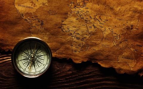 世界地图，指南针，旅行，在桌子上