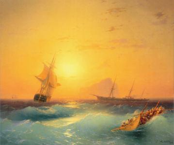 绘画，绘画，艺术家，aivazovsky，1873，海，帆船，船，人，天空，日落，太阳，岩石，船