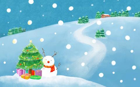 绘图，新年，假期，冬季，雪，雪人，毛皮树，冷杉，房子，道路，礼品，圣诞装饰品，围巾