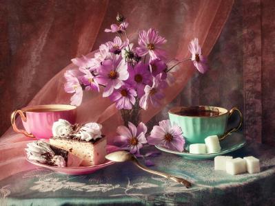 阿纳斯塔西娅Soloviova，静物，静物，桌子，桌布，面料，面纱，杯子，糖，飞碟，蛋糕，鲜花，kosmeja