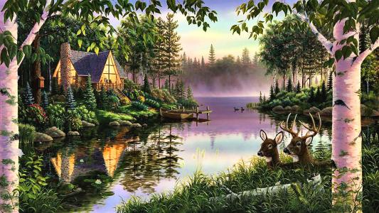 自然，绘画，绘画，湖，房子，森林，驯鹿
