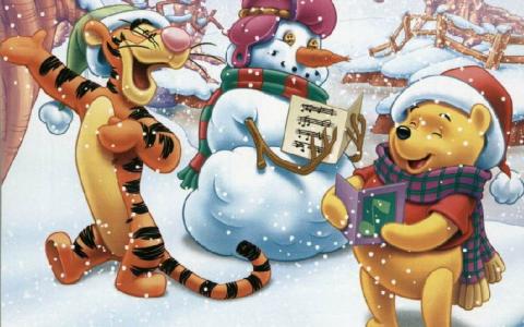 小熊维尼，老虎，新年，假期，雪，雪人