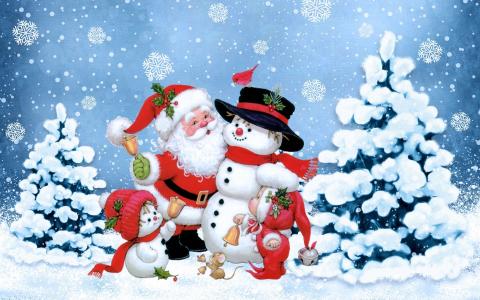 新的一年，圣诞老人，圣诞树，冬天，雪，雪人