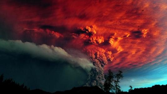 火山，爆发，树木，骨灰，红色的天空