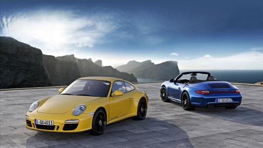 保时捷，911,2012，轿跑车，黄色，敞蓬车，蓝色，山，天空，卡雷拉gts